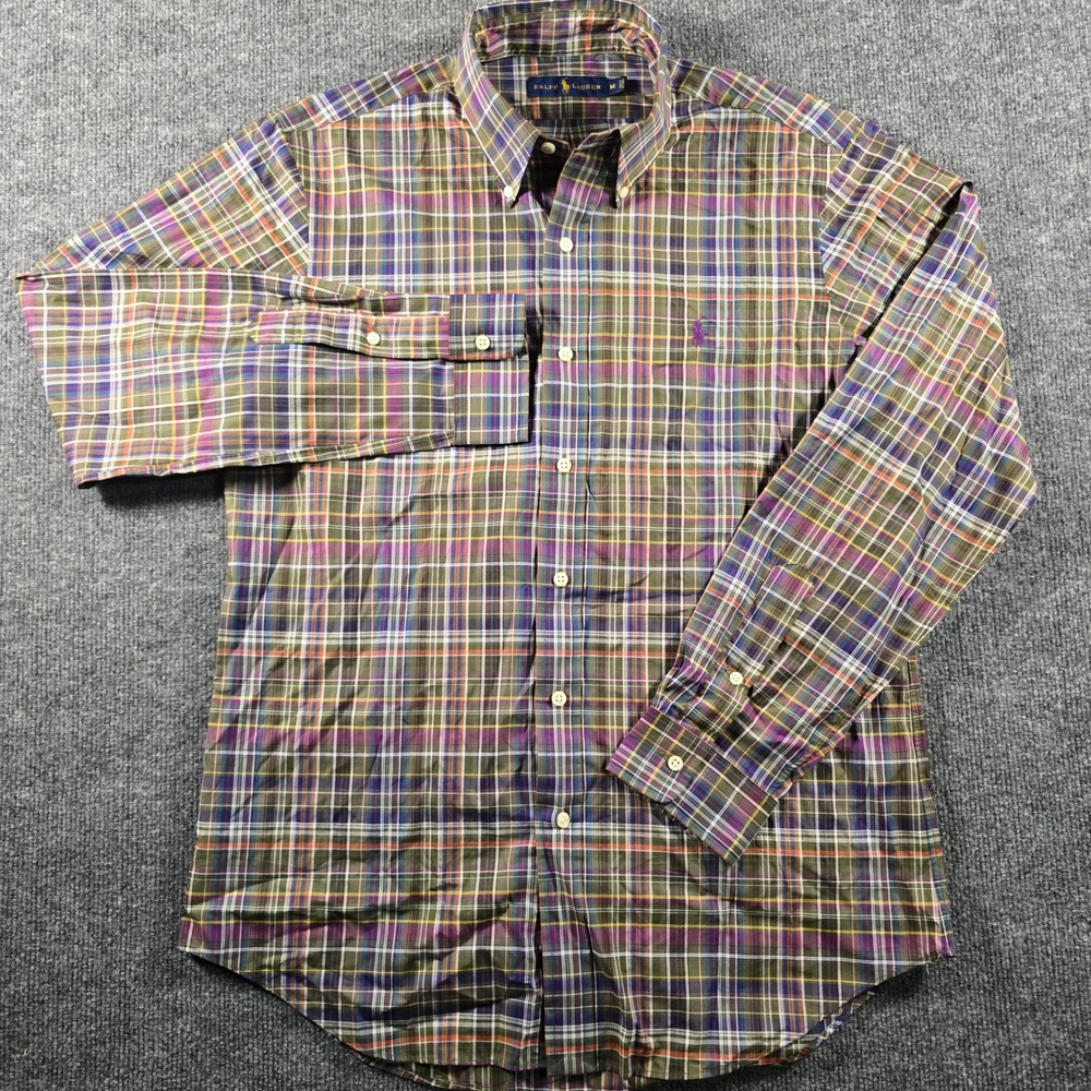 Ralph Lauren Mens Plaid Button Down Shirt Purple Olive Green Cotton Size M
